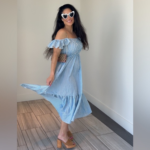 Blue and White Striped Off-Shoulder Flowey Maxi Dress Tunic - Picture 3 of 12